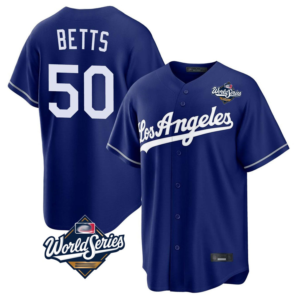 Los Angeles Dodgers #50 Mookie Betts Player Royal HeidiMiller World Series Game Stitched Jerseys