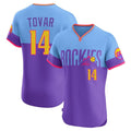 Colorado Rockies #14 Ezequiel Tovar Player Purple-Light Blue HeidiMiller City Connect Limited Elite Home T-shirt Stitched Jerseys