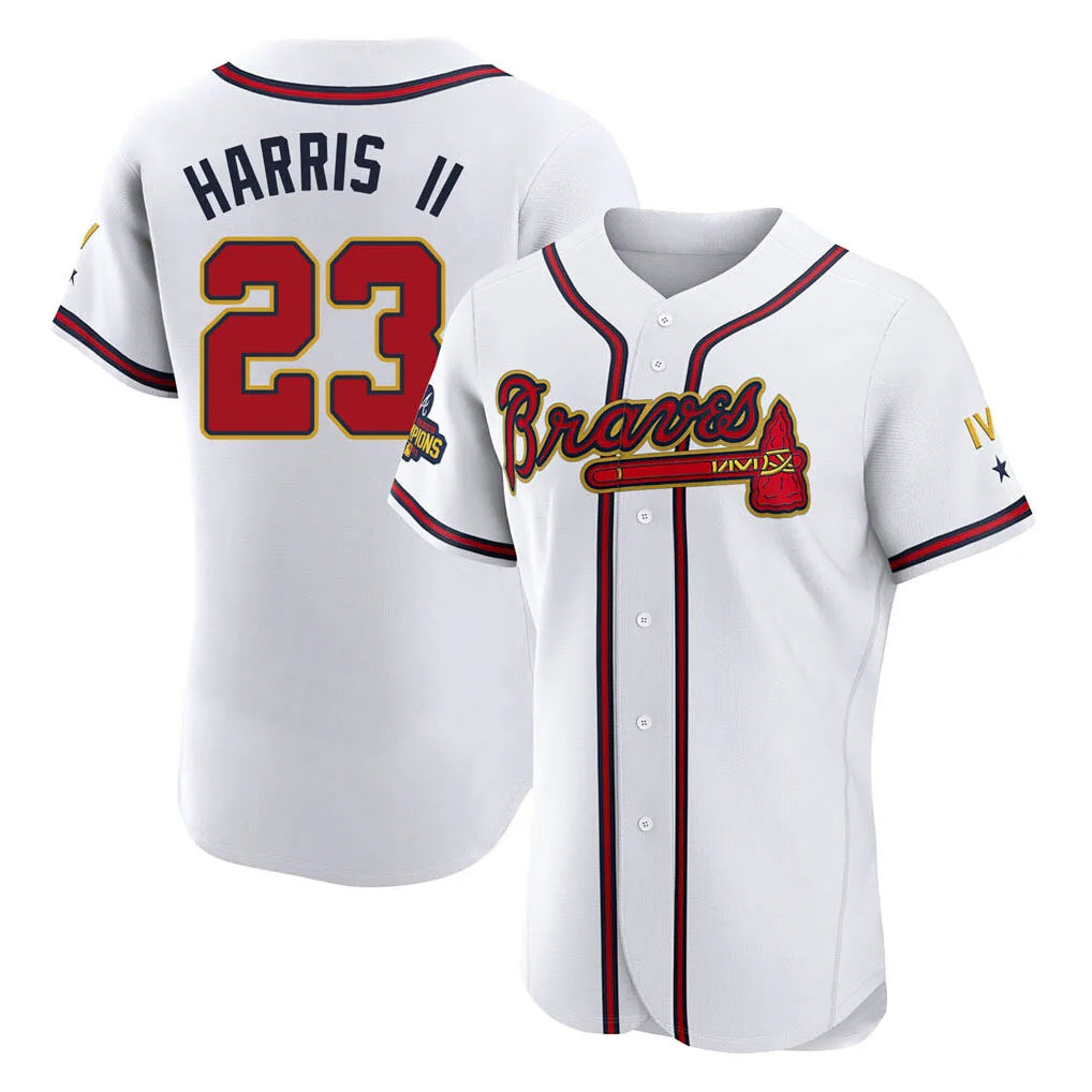 Atlanta Braves #23 Michael Harris II Player White Gold HeidiMiller Limited Elite Home Game Stitched Jerseys