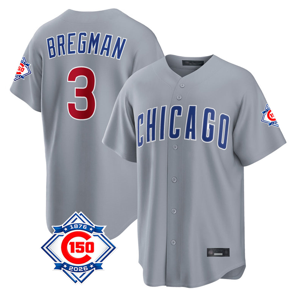 Chicago Cubs #3 Alex Bregman Player Gray HeidiMiller 150th Anniversary Home Game Stitched Jerseys