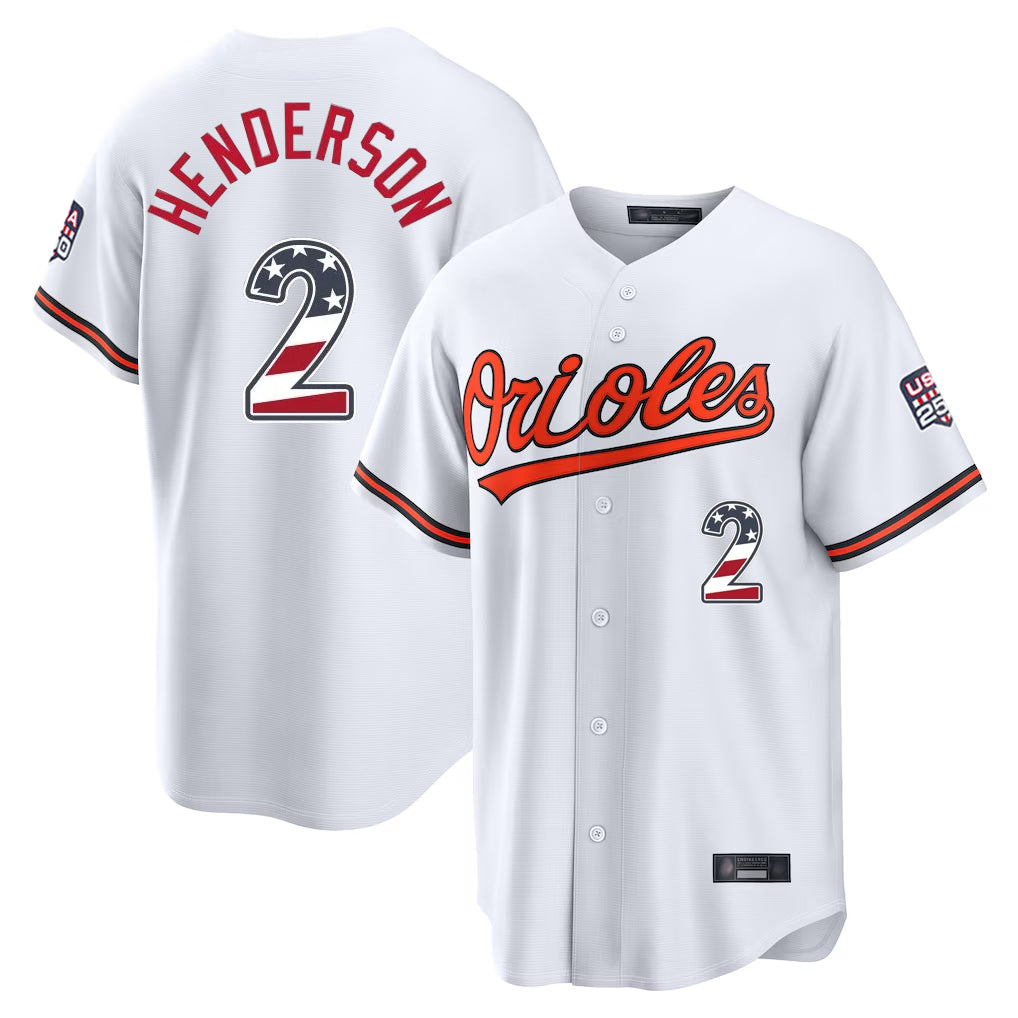 Baltimore Orioles #2 Gunnar Henderson Player White HeidiMiller USA 250 Fourth of July Home Game Stitched Jerseys