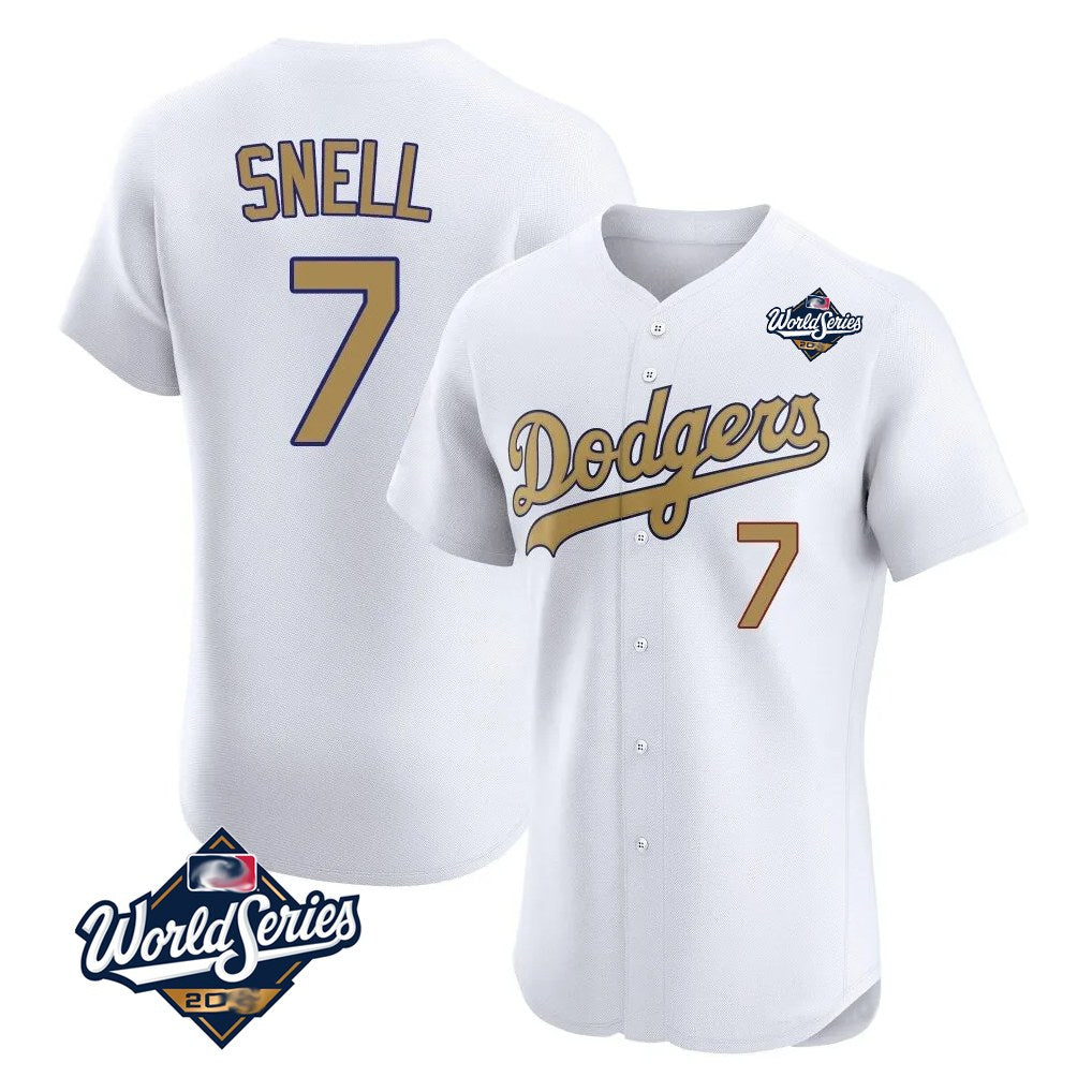 Los Angeles Dodgers #7 Blake Snell Player White Gold HeidiMiller World Series Limited Elite Home Stitched Jerseys