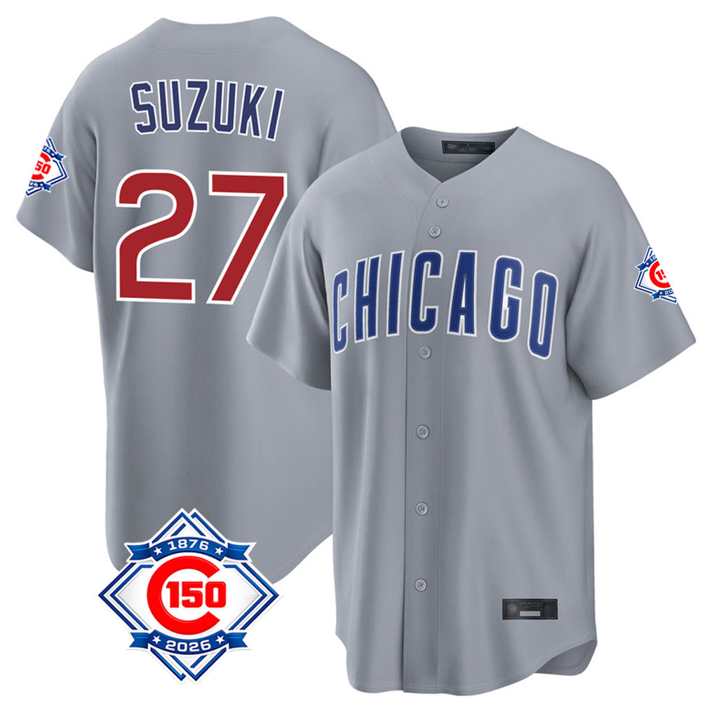 Chicago Cubs #27 Seiya Suzuki Player Gray HeidiMiller 150th Anniversary Home Game Stitched Jerseys