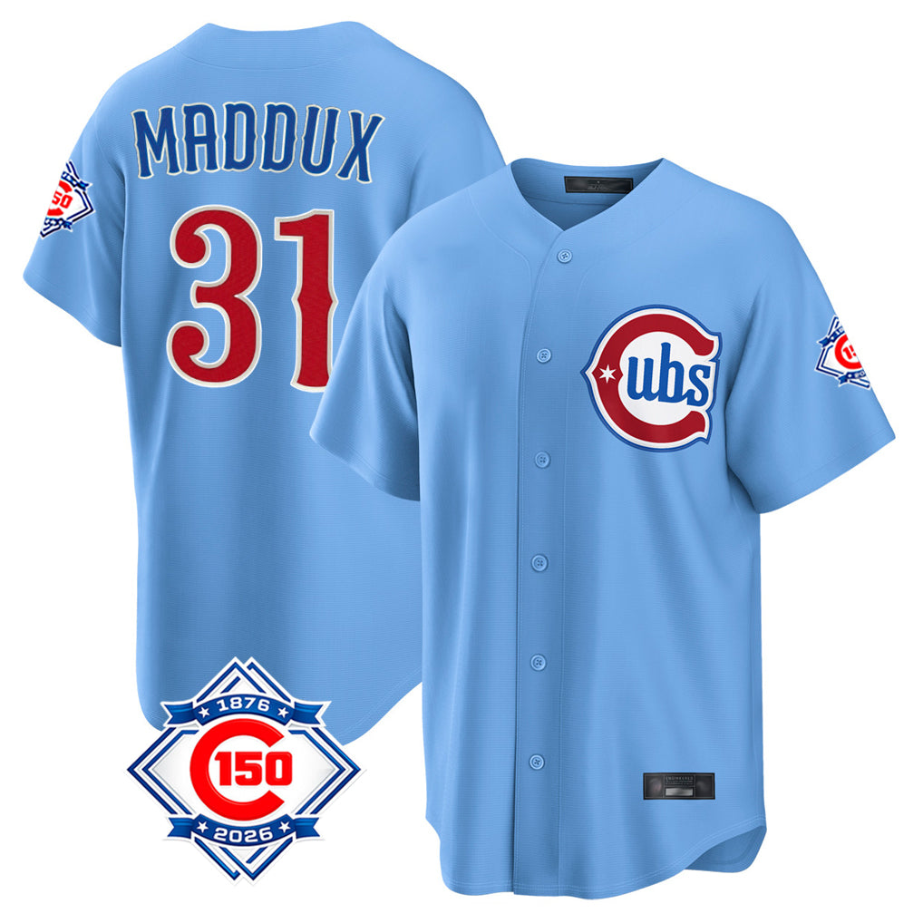 Chicago Cubs #31 Greg Maddux Player Light Blue HeidiMiller 150th Anniversary Home Game Stitched Jerseys