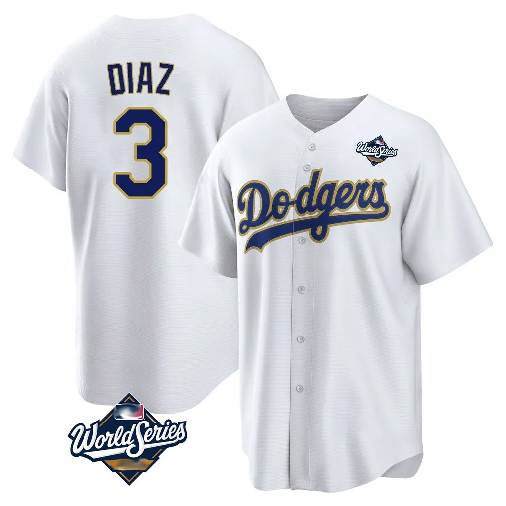 Los Angeles Dodgers #3 Edwin D¨ªaz Player Gold White HeidiMiller World Series 2026 Collection Stadium Game Stitched Jerseys
