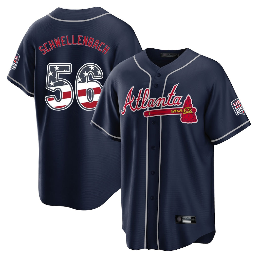 Atlanta Braves #56 Spencer Schwellenbach Player Navy HeidiMiller USA 250 Fourth Of July Limited Home Game Stitched Jerseys