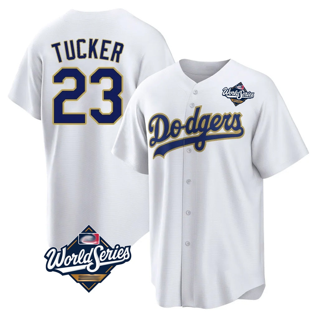 Los Angeles Dodgers #23 Kyle Tucker Player Gold White HeidiMiller World Series 2026 Collection Stadium Game Stitched Jerseys