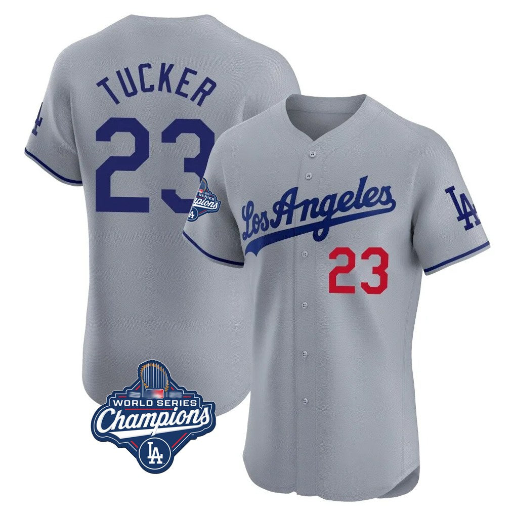 Los Angeles Dodgers #23 Kyle Tucker Player Gray HeidiMiller World Series Meet Limited Elite Home Stitched Jerseys